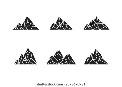 Black Low Poly Mountain Icons – Monochrome Polygonal Peaks