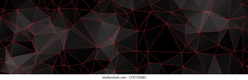 Black Low Poly Polygonal Banner Background with Triangles and Red Dashed Lines - Great Design for Various Business Templates, Card Designs and Web Banners.