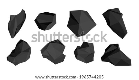Black low poly stones set. Pieces of coal. Vector design elements