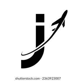 Black Lowercase Letter J Icon with an Airplane on a White Background