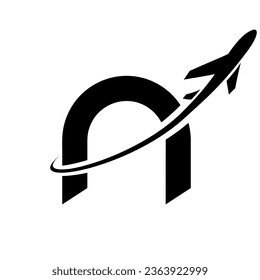 Black Lowercase Letter N Icon with an Airplane on a White Background