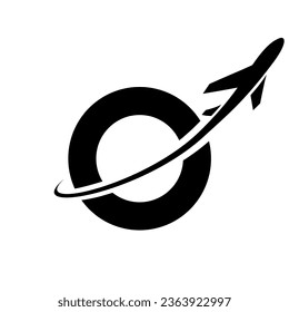 Black Lowercase Letter O Icon with an Airplane on a White Background