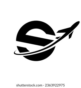 Black Lowercase Letter S Icon with an Airplane on a White Background