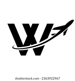 Black Lowercase Letter W Icon with an Airplane on a White Background