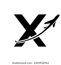 Black Lowercase Letter X Icon with an Airplane on a White Background