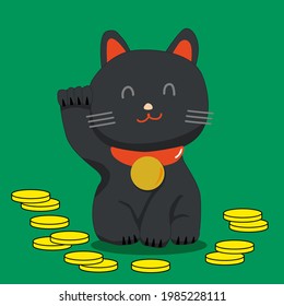 Black Lucky cat. Japanese style. Icon for web. Vector illustration.