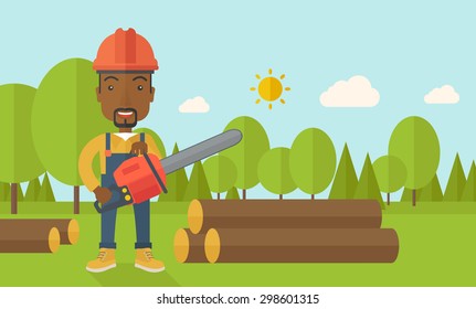 A black Lumberjack with hard hat as protection cuts a tree by chainsaw under the heat of the sun. A Contemporary style with pastel palette, soft blue tinted background with desaturated clouds. Vector