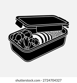 Eine schwarze Lunchbox mit aufklappbarem Deckel, die eine Mahlzeit mit Pilzen, geschnittenem Essen und Reis offenbart.