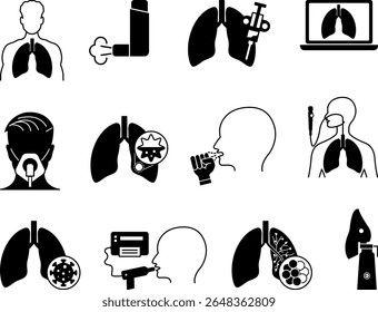 Black Lung Disease Icon Set. Vector Illustrations Lung, Lung Biopsy, Inhaler, Lung Screening, Oxygen Mask, Nebulizer, Bronchial Asthma, Spirometry, COPD, Pneumonia, Bronchoscopy, and Cough