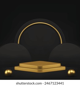 Black luxury 3d podium pedestal mock up for fashion product show presentation realistic vector illustration. Dark elegant premium geometric showcase golden rhombus stage semi circle wall background