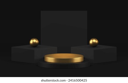 Black luxury 3d squared podium pedestal with golden cylinder stage and sphere realistic vector background. Fashion advertising display premium commercial stand with wall for product presentation