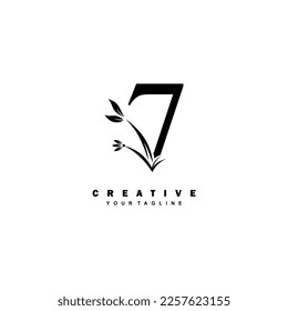 black luxury 7 logo design with beautiful floral and leaf ornament decoration.number 7 logo. monogram 7 typography. feather logo