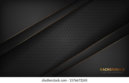 Black luxury abstract background with golden line decoration. Texture with dark metal pattern. Vector illustration.