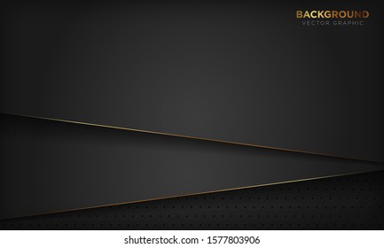 Black luxury abstract background with golden line decoration. Texture with dark metal pattern. Vector illustration.