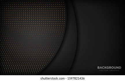 Black luxury abstract background with overlap layers. Texture with gold glitters dot element. Vector illustration.