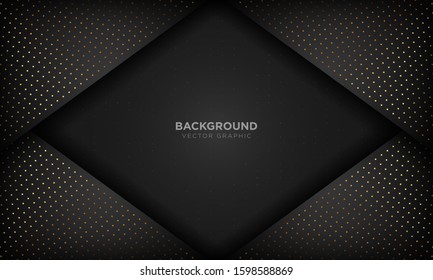 Black luxury abstract background with overlap layers. Texture with gold glitters dot element. Vector illustration.