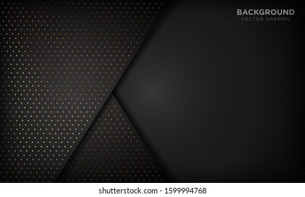 Black luxury abstract background with overlap layers. Texture with gold glitters dot element. Vector illustration.