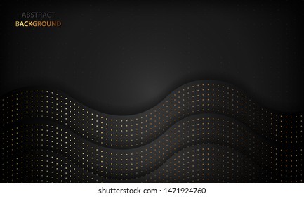 Black luxury abstract background with paper cut concept. Texture with gold glitters dot element and wavy overlap layer. Modern dark background.