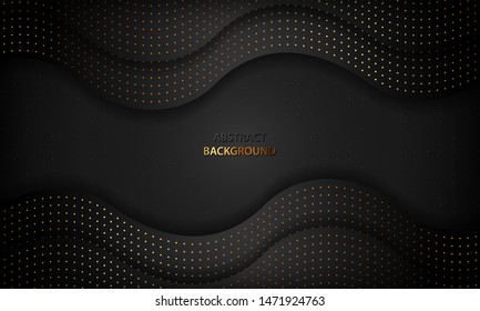 Black luxury abstract background with paper cut concept. Texture with gold glitters dot element and wavy overlap layer. Modern dark background.