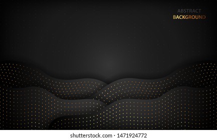 Black luxury abstract background with paper cut concept. Texture with gold glitters dot element and wavy overlap layer. Modern dark background.