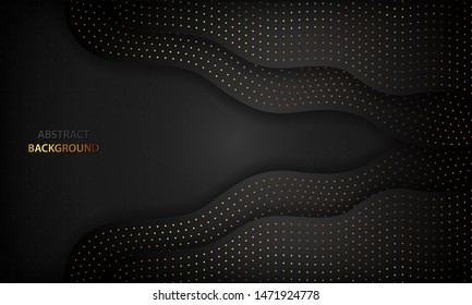 Black luxury abstract background with paper cut concept. Texture with gold glitters dot element and wavy overlap layer. Modern dark background.