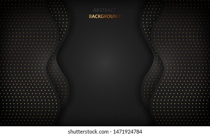 Black luxury abstract background with paper cut concept. Texture with gold glitters dot element and wavy overlap layer. Modern dark background.