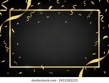 Black Luxury Abstract Background with Ribbon and Confetti. Invitation Card. Vector Illustration. 