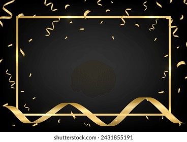 Black Luxury Abstract Background with Ribbon and Confetti. Invitation Card. Vector Illustration. 