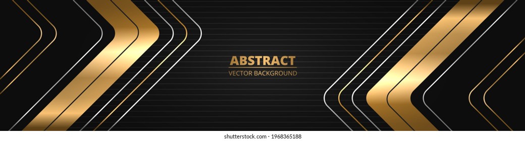 Black luxury abstract wide horizontal banner with gold and silver lines, arrows and angles. Dark modern bright futuristic horizontal sporty abstract background. Wide vector illustration EPS10.