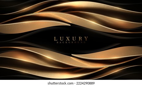 Black luxury background with 3d realistic gold curve elements and glitter light effect decoration and bokeh. Vector illustration.