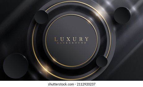 Black luxury background with circle frame element with golden line decoration and glitter light effect.