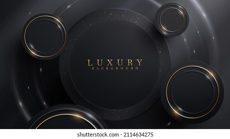 Black luxury background with circle frame element with golden line decoration and glitter light effect.