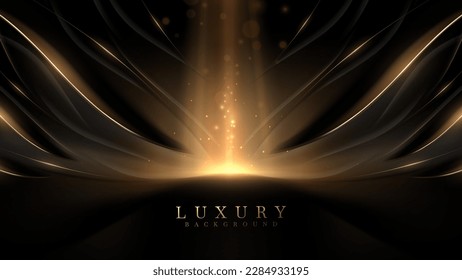 Black luxury background with dark scene with golden curved lines elements and gold glow effect decoration and bokeh.