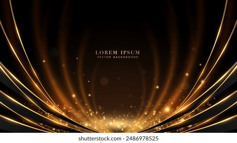 Black luxury background decoration with golden line curve, glowing light beam, and shiny dot effect. Vector illustration