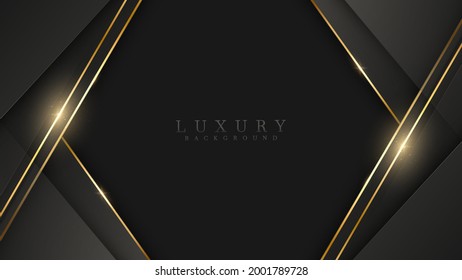 Black luxury background with glitter gold lines, minimal scene, empty space for use showcase beauty and cosmetics product or text. 3d Vector illustration.