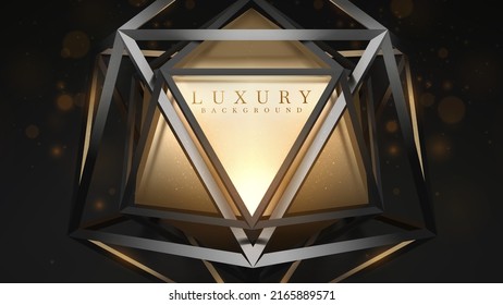 Black luxury background with gold triangle element and glitter light effect decoration and bokeh.