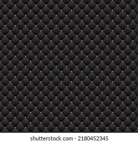 Black luxury background with golden beads vector. Dark elegant wallpaper with embossed rhombuses and metallic dots. Upholstery leather texture pattern.                           