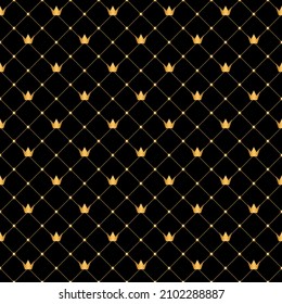 Black luxury background with golden crowns, chains and beads. Seamless vector illustration.