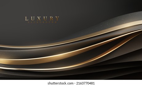 Black luxury background with golden curve elements and glitter light effect decoration.