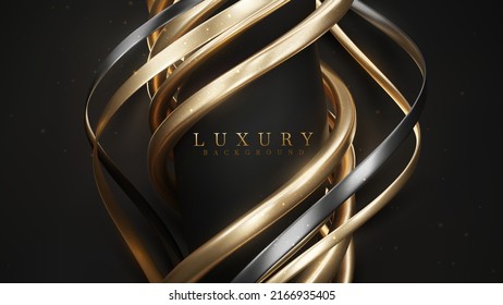 Black Luxury Background With Golden Curve Elements And Glitter Light Effect Decoration.