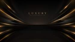 Black Luxury Background With Golden Line Elements And Light Ray Effect Decoration And Bokeh.