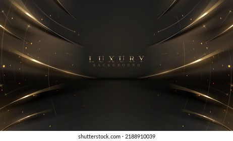 Black luxury background with golden line elements and light ray effect decoration and bokeh.