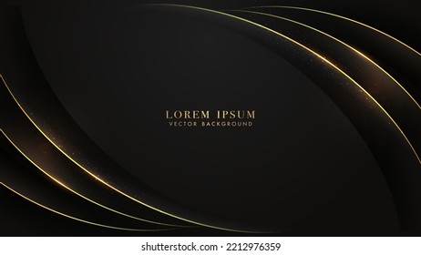 Black luxury background with golden line curve elements and sparkle glowing effect decoration. Elegant style design concept. Vector illustration