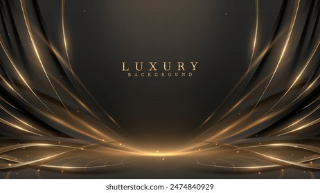 Black luxury background with golden line elements and light ray effect decoration and bokeh. Vector Illustration.