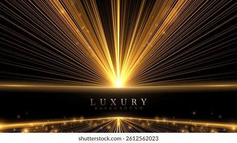 Black luxury background with golden line elements and light ray effect decoration and bokeh.
