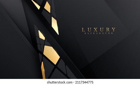 Black luxury background with golden polygon elements and glitter light effect decoration.