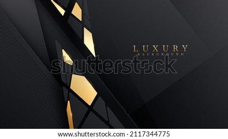 Black luxury background with golden polygon elements and glitter light effect decoration.