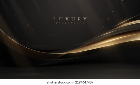 Black luxury background with golden ribbon elements and glitter light effect decoration and stars.
