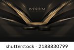 Black luxury background with product display podium and golden ribbon decoration and glitter light effect elements.