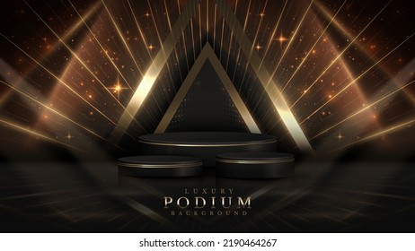 Black luxury background and product display podium   golden line elements   light rays decorations   stars effect 